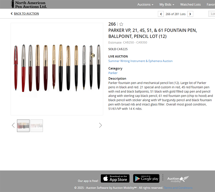 NAPA parts pens listing